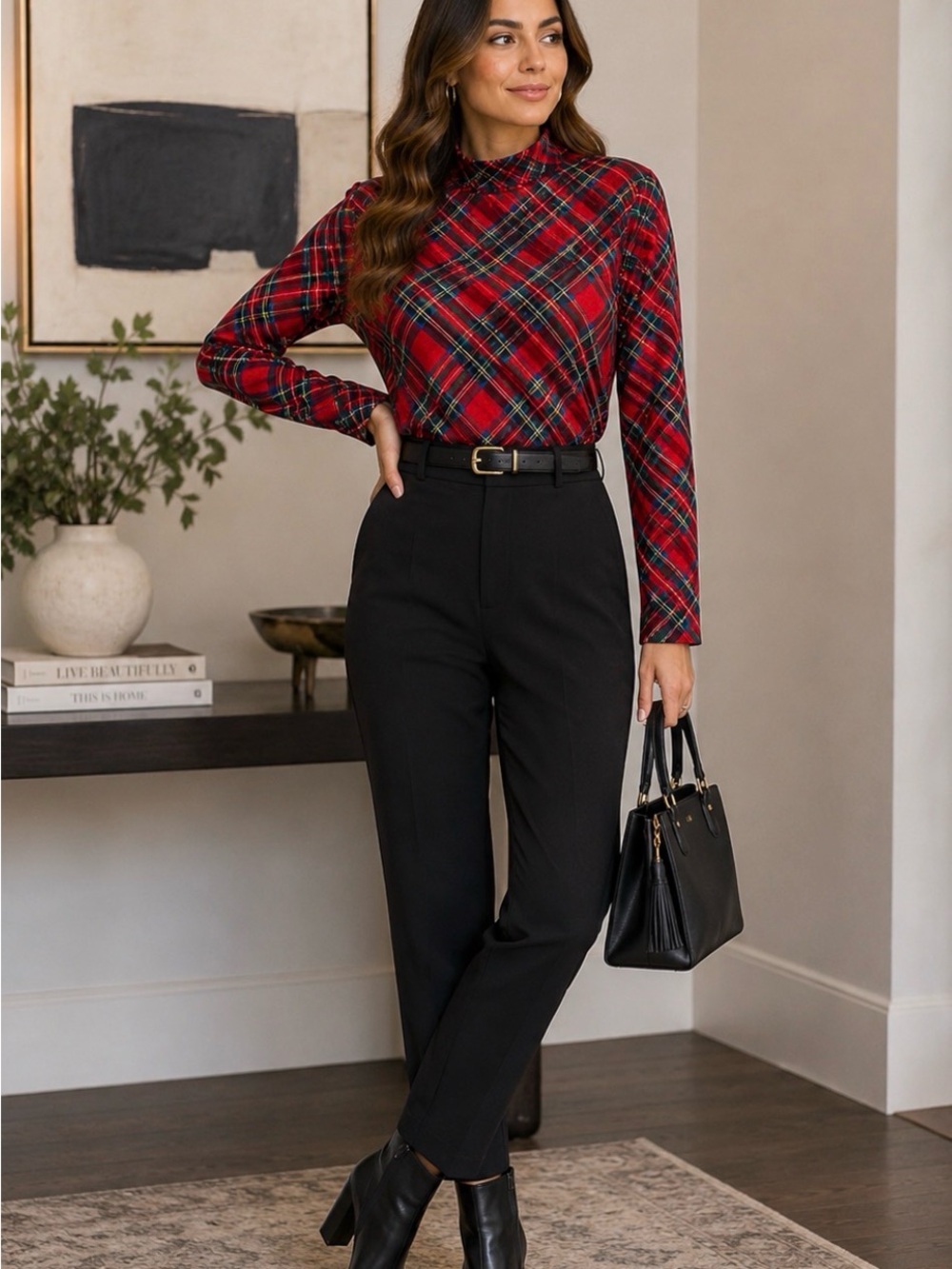 Kim Rogers Red Plaid Long-Sleeve Mock Neck Top